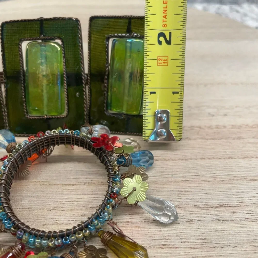 8 Green Glass Brass Floral Napkin Rings Set Pier 1 Vintage Boho Table Decor Lot